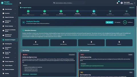 Analysis Results - Executive summary with key findings, risk assessment, recommendations, and document citations
