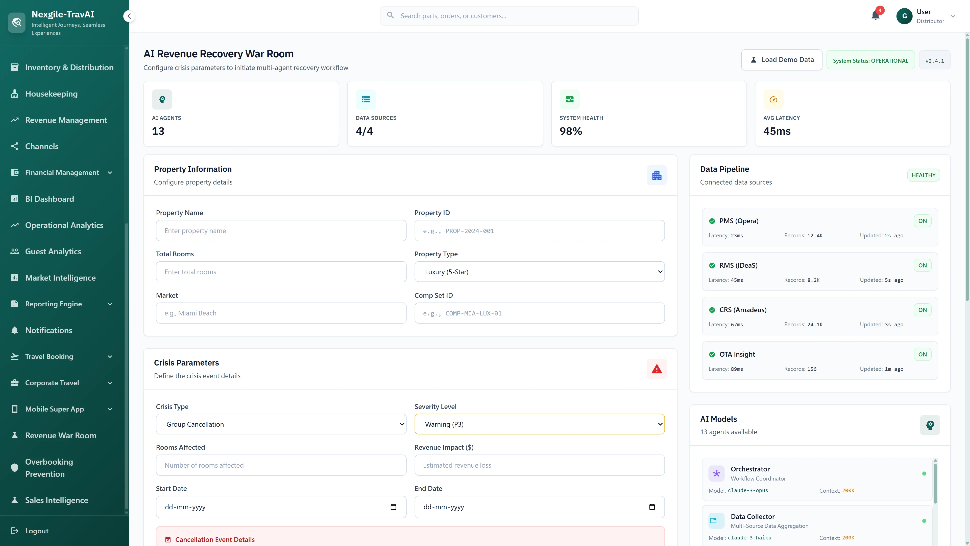 Crisis configuration dashboard with property details, crisis parameters, real-time data pipeline connections, and 13 AI agents ready for deployment.