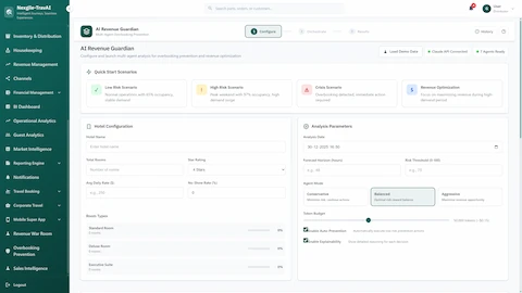 Configuration page with Quick Start Scenarios, hotel setup form, analysis parameters, and agent mode selection (Conservative/Balanced/Aggressive).