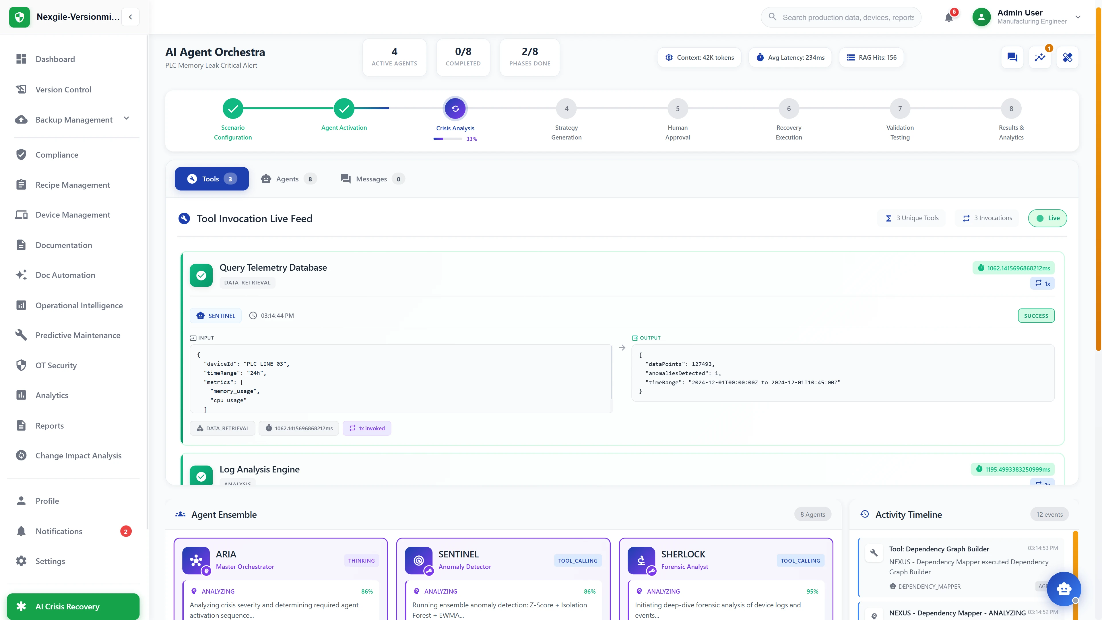 Real-time agent orchestration showing multi-agent workflow execution with live tool invocation feed and activity timeline
