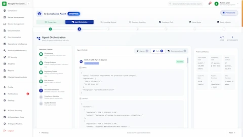 Multi-agent orchestration interface showing 7 specialized agents collaborating on FDA 21 CFR Part 11 regulatory knowledge retrieval