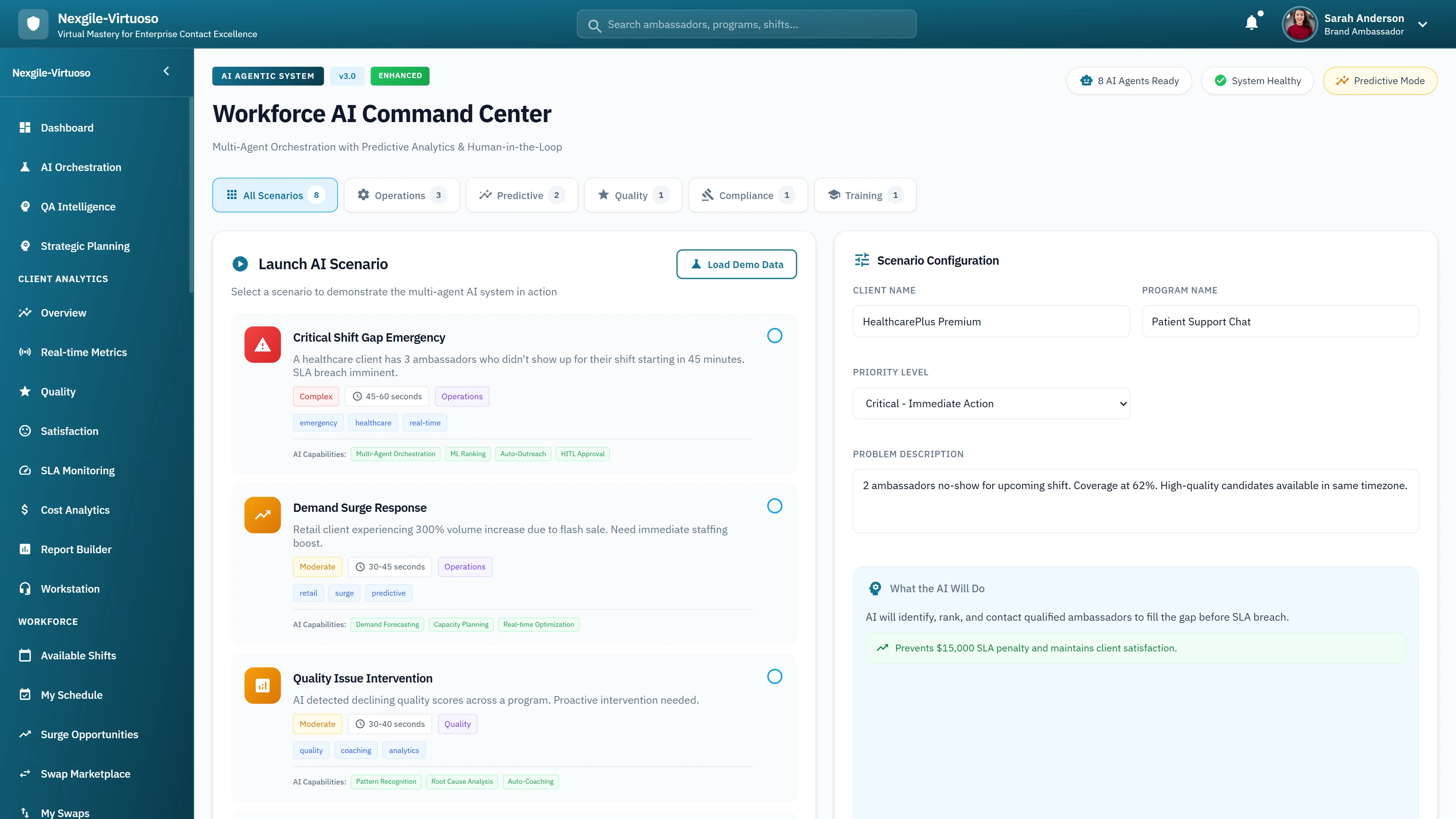 Workforce AI Command Center - Launch AI Scenario interface with Critical Shift Gap Emergency, Demand Surge Response, and Quality Issue Intervention scenarios