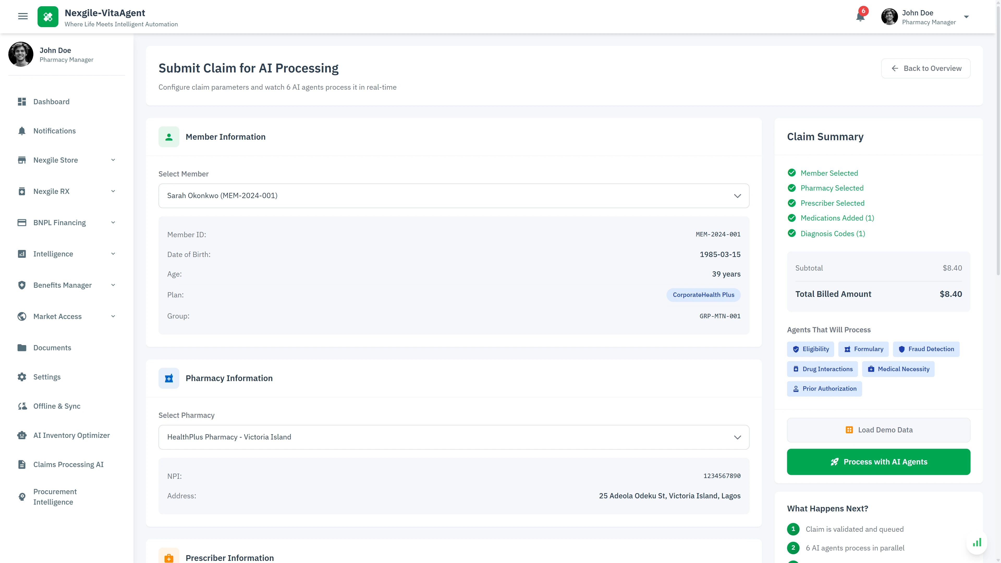 Claim Submission - Configure member, pharmacy, and prescriber information with real-time agent assignment showing 6 AI agents ready to process the claim