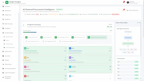 Multi-Agent Analysis - 8 specialized AI agents processing in parallel analyzing authentication, pricing, demand forecasting, supplier reputation, and risk assessment with system observability