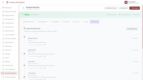 Execution Audit Trail providing complete regulatory compliance trace of all agent activities and decisions, including workflow initiation, orchestrator agent spawning, estate data analysis with optimization opportunities identified, and tax calculations with federal/state projections timestamped for audit purposes