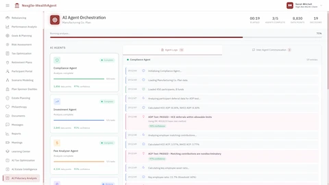 AI Agent Orchestration for 401(k) plan analysis showing Compliance Agent, Investment Agent, and Fee Analyzer Agent with completion status, real-time agent logs displaying ADP/ACP nondiscrimination test calculations, HCE/NHCE deferral percentages, and IRC 401(k)(3) compliance verification with confidence scores