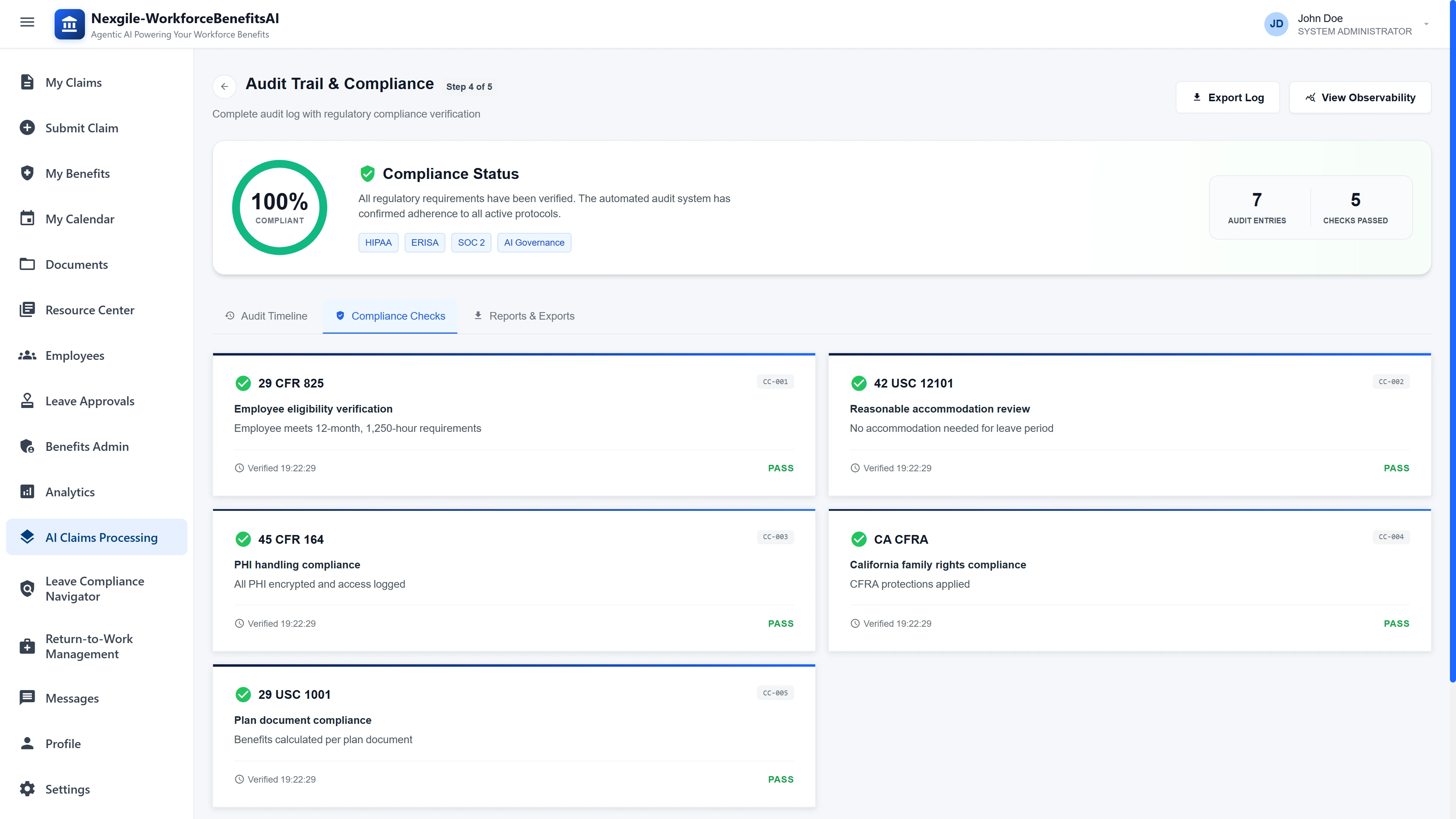 Audit Trail & Compliance Dashboard - 100% compliant status showing verification against HIPAA, ERISA, SOC 2, and AI Governance frameworks with detailed compliance checks for 29 CFR 825, 42 USC 12101, 45 CFR 164, and CA CFRA regulations