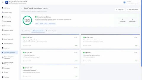 Audit Trail & Compliance Dashboard - 100% compliant status showing verification against HIPAA, ERISA, SOC 2, and AI Governance frameworks with detailed compliance checks for 29 CFR 825, 42 USC 12101, 45 CFR 164, and CA CFRA regulations