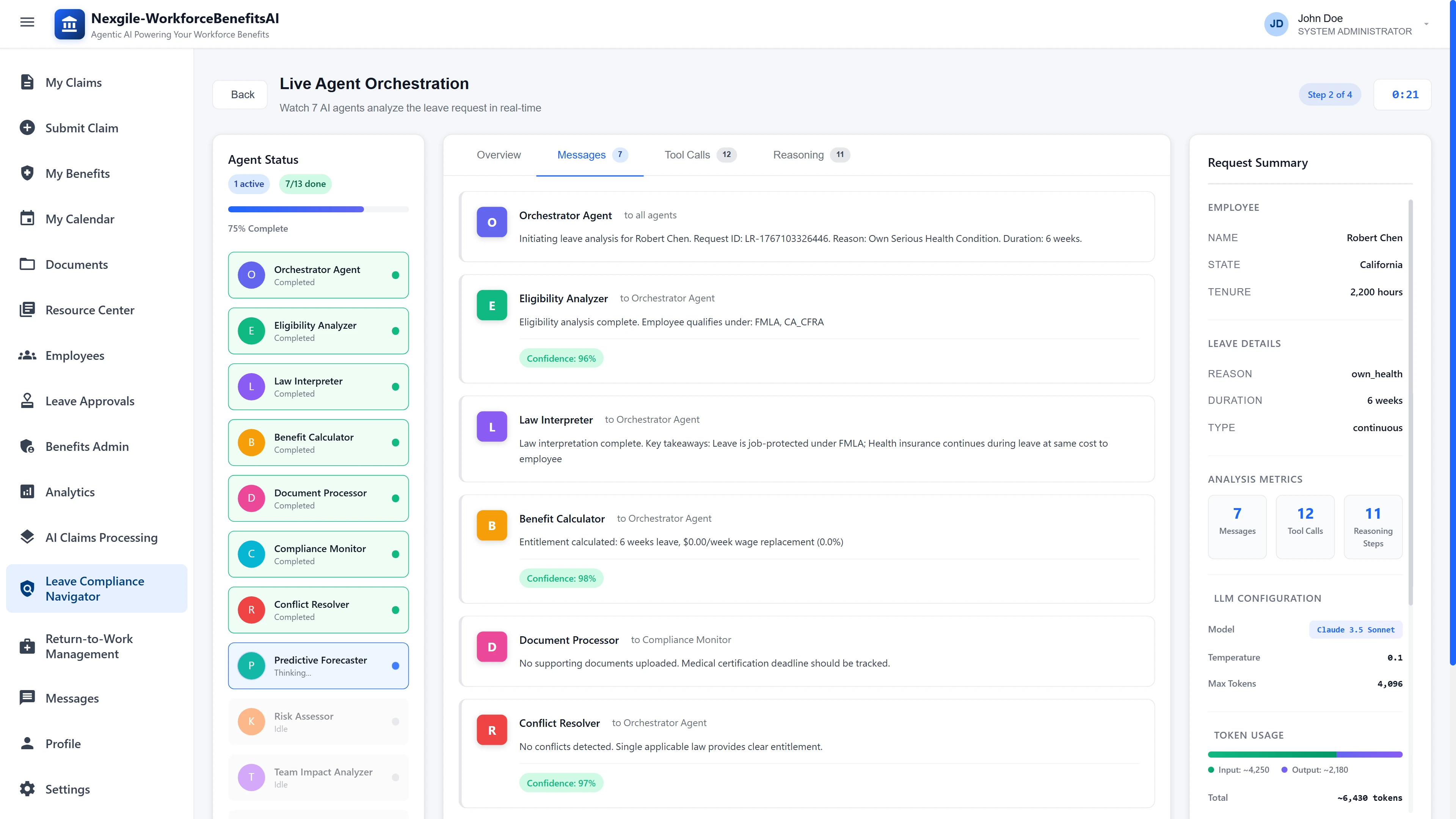 Live Agent Orchestration - Real-time view of 13 AI agents analyzing leave request with message feed showing Orchestrator, Eligibility Analyzer, Law Interpreter, Benefit Calculator, and Conflict Resolver coordinating multi-jurisdictional FMLA/CA_CFRA analysis